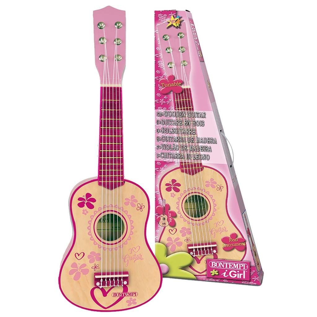 bontempi houten meiden gitaar met 6 snaren 55 cm roze