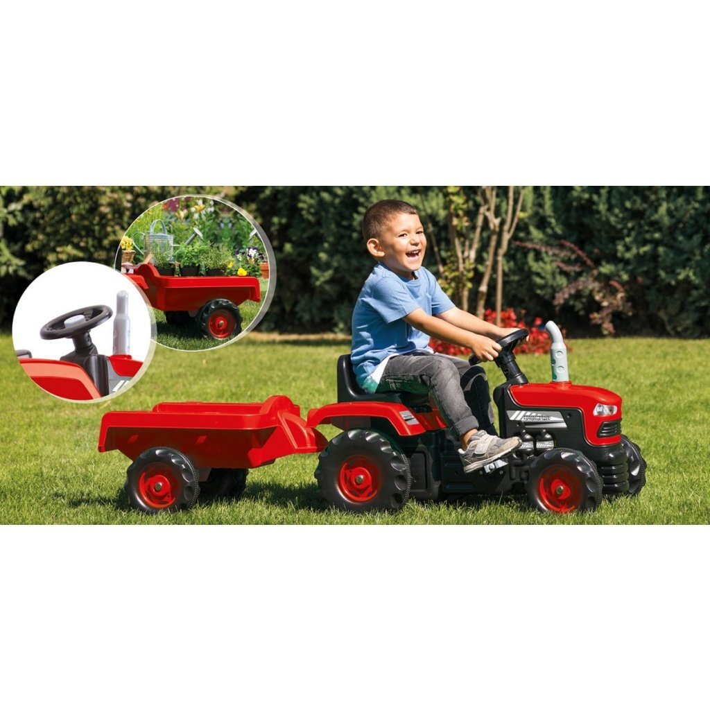 Dolu Traptractor met Aanhanger & Claxon Rood/Zwart