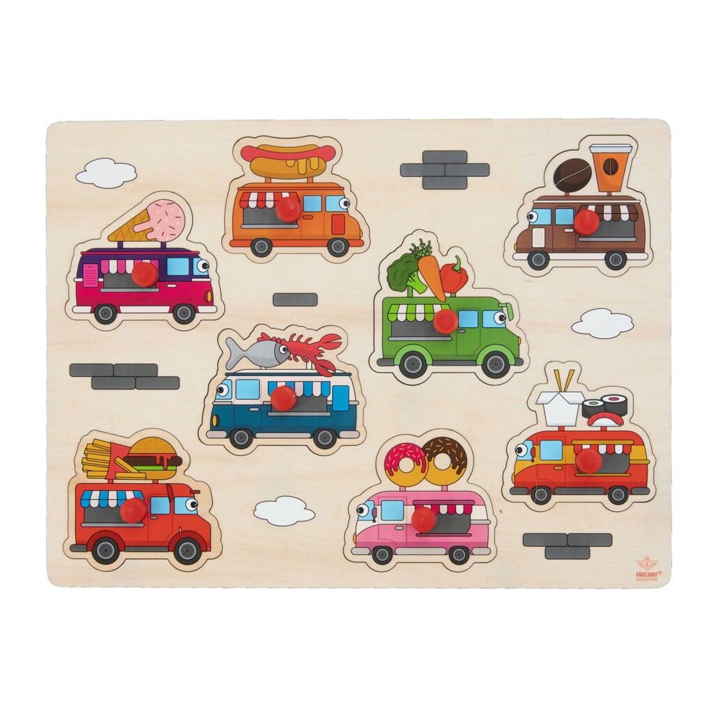 Engelhart houten knopjes puzzel foodtrucks 8 stukjes afbeelding