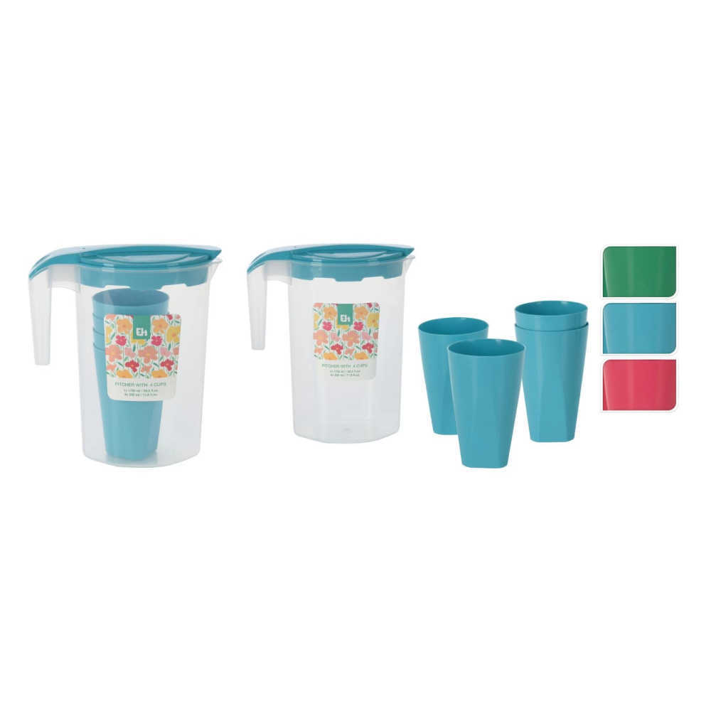 Excellent Houseware schenkkan met 4 glazen verschillende kleuren