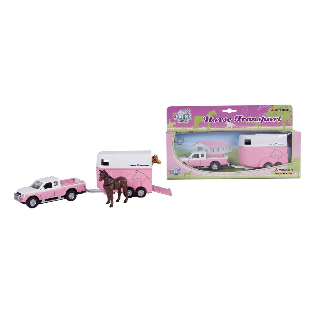kids globe mitsubishi auto + paardentrailer + 2 paarden roze/wit 27 cm